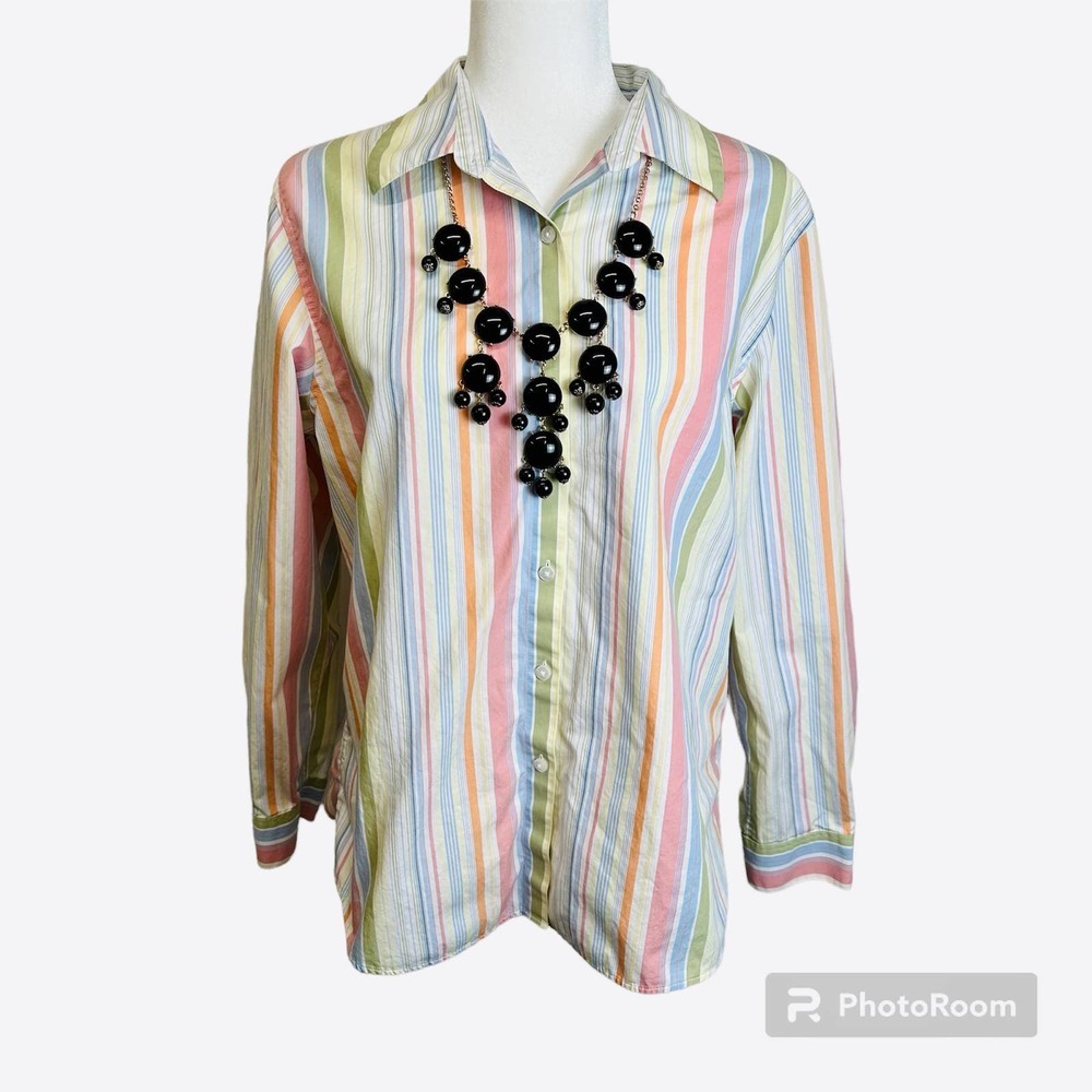 Orvis Womens Button Front Blouse Size 14 Striped Pastel Wrinkle Resistant Cotton